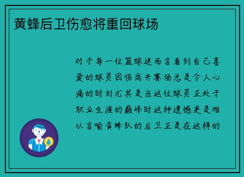 黄蜂后卫伤愈将重回球场